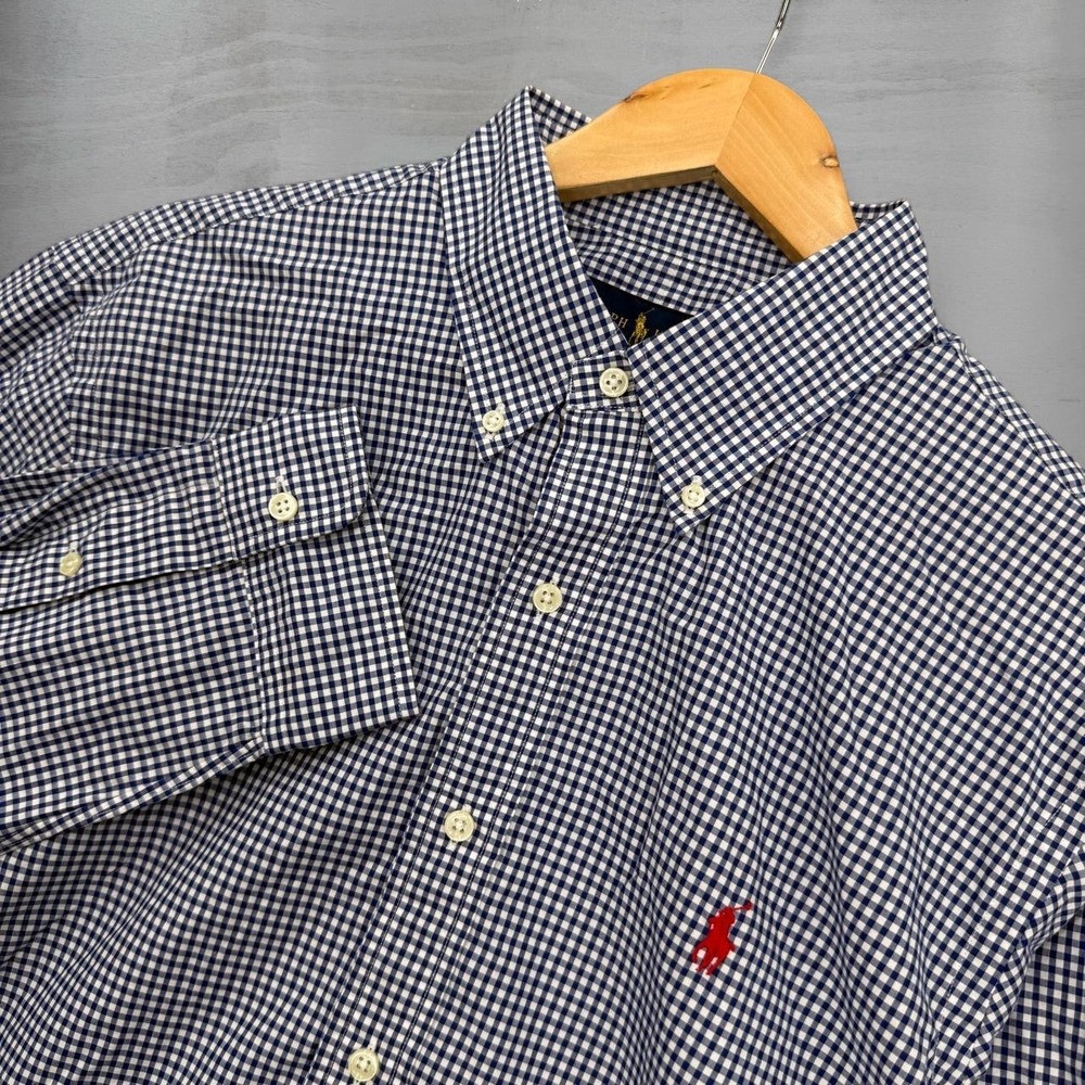 Polo Ralph Lauren Button Down Shirt Navy Blue Gingham Check Pony Logo Large